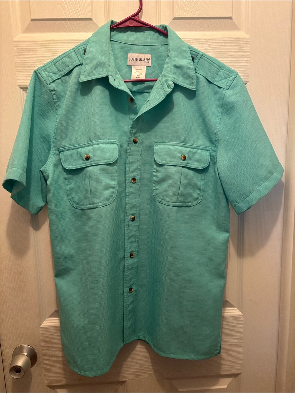 John Blair Men's Short-Sleeve Button-Down Shirt in Aqua Green